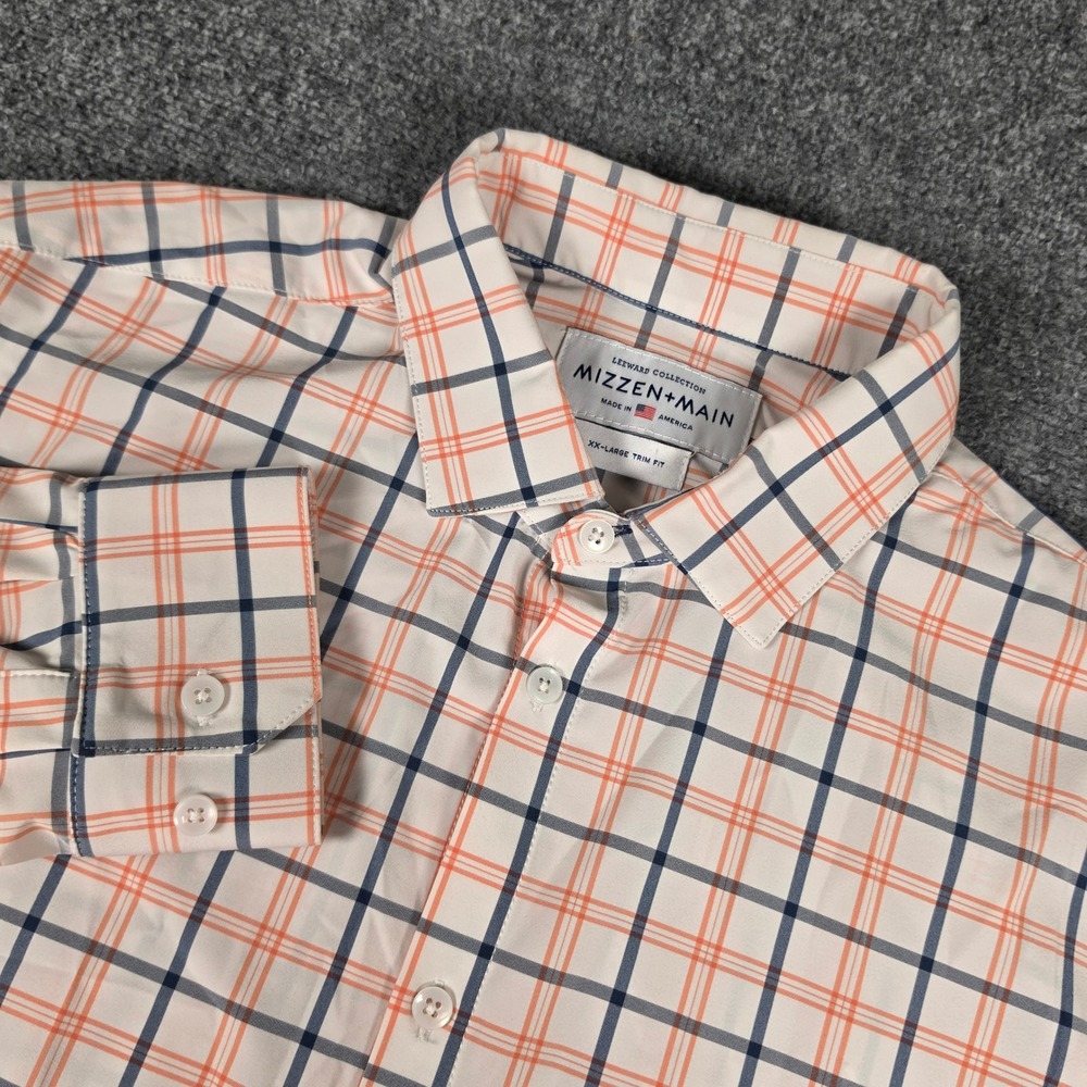 Mizzen+Main Leeward Shirt Mens XXL Orange Blue Plaid Trim Fit Performance